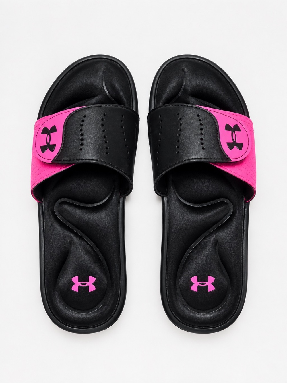 Under Armour Women’s Black and Hot Pink Slide Sandals